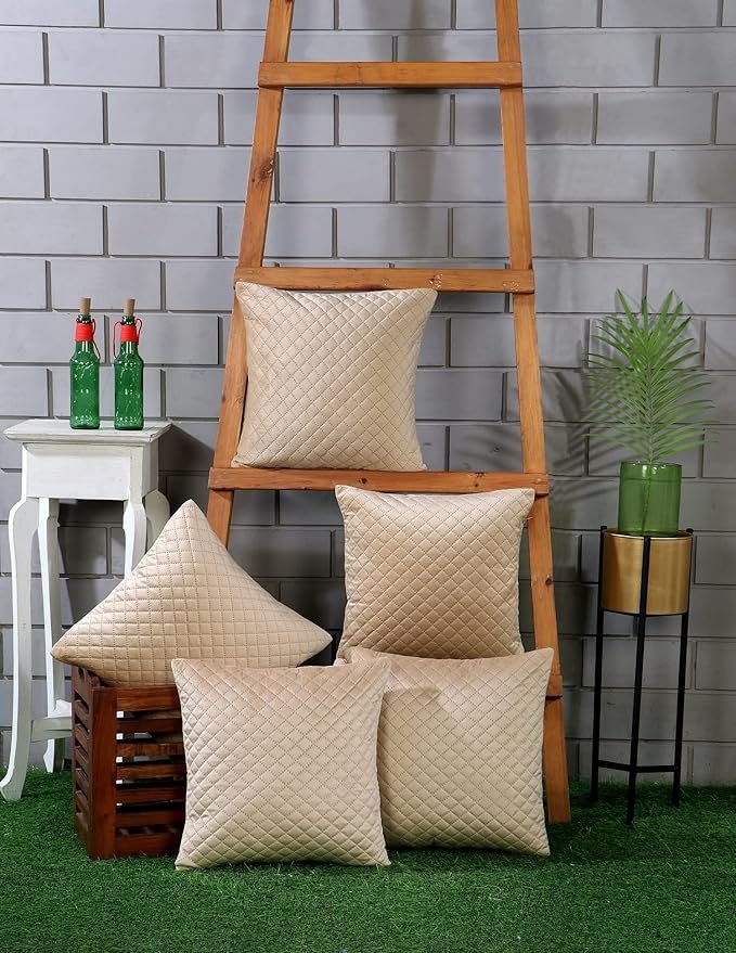 Nendle Luxurious Soft Velvet Solid Color Quilted Cushion Covers 16 Inch X 16 Inch Set Of 5 (Beige, 40 * 40 Cm), 210 TC