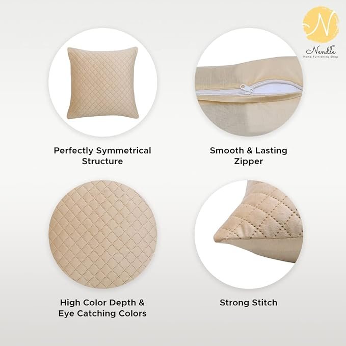 Nendle Luxurious Soft Velvet Solid Color Quilted Cushion Covers 16 Inch X 16 Inch Set Of 5 (Beige, 40 * 40 Cm), 210 TC - Image 3