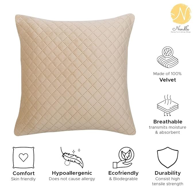 Nendle Luxurious Soft Velvet Solid Color Quilted Cushion Covers 16 Inch X 16 Inch Set Of 5 (Beige, 40 * 40 Cm), 210 TC - Image 2